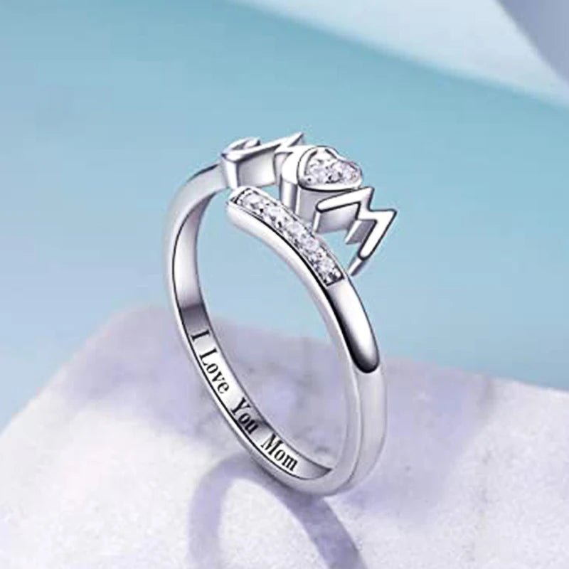 Mom Rings Silver Color Caved Letter "I Love You Mom"