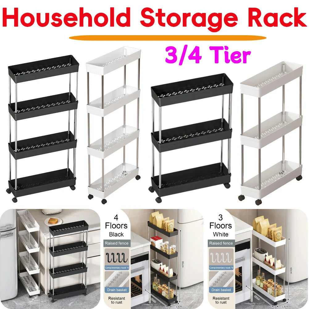 Bathroom Storage Rack With Wheels 3/4 Layer Rolling Utility Cart Space-Saving Trolley Rack For Bathroom Kitchen Living Room