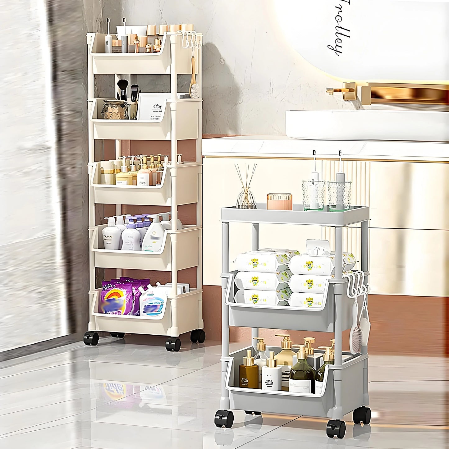 5-Tier Slim Rolling Storage Cart | Mobile Organizer with Slide-Out Trays | Space-Saving for Bathroom Laundry & Kitchen