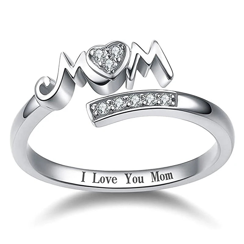 Mom Rings Silver Color Caved Letter "I Love You Mom"