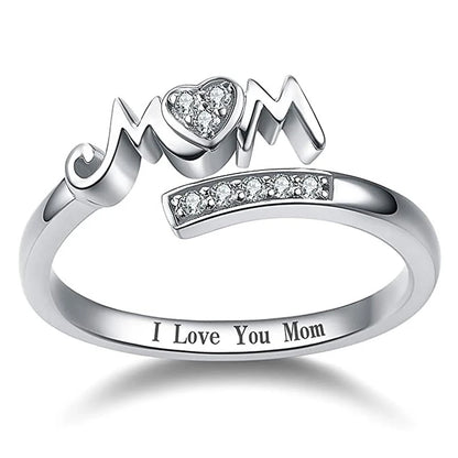 Mom Rings Silver Color Caved Letter "I Love You Mom"