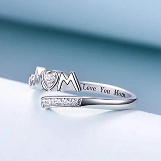 Huitan Exquisite Mom Rings Silver Color Caved Letter "I Love You Mom" Delicate Birthday Gift for Mother Fashion Women Jewelry