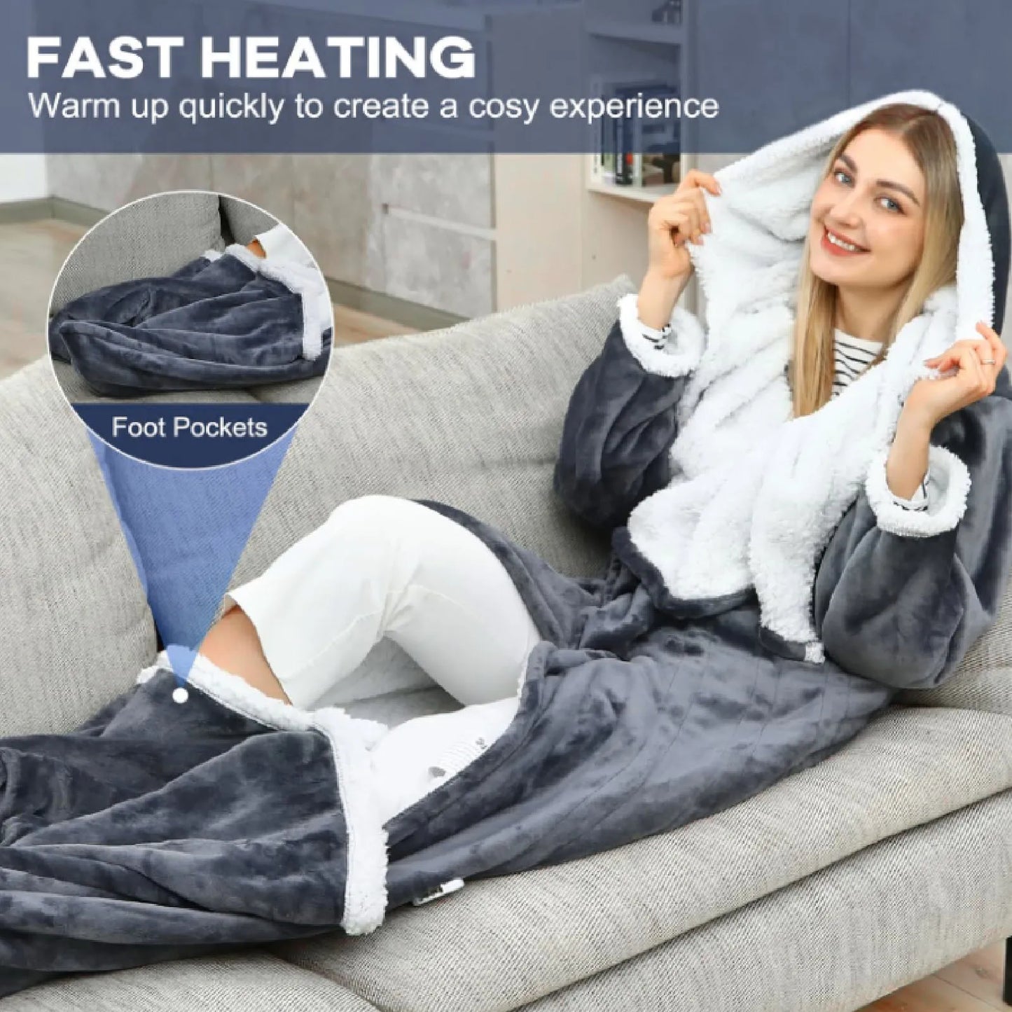 Heated Blanket with Sleeves Hood and Foot Pocket