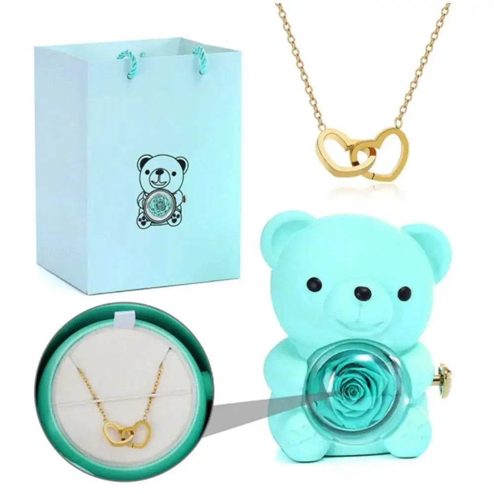 Forever Rose Teddy Gift Box with Necklace