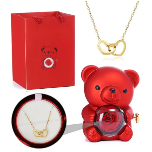 Forever Rose Teddy Gift Box with Necklace